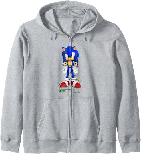 Discover Sonic The Hedgehog Christmas Sonic Tangled In Lights Zip Hoodie