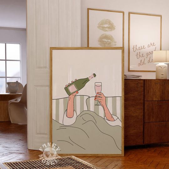 Discover Sage Green Wall Art, Wine in Bed Poster, Aesthetic Bedroom Decor, Trendy Printable Poster