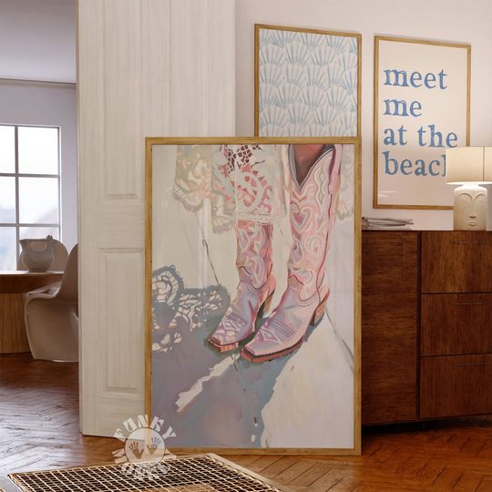 Discover Pink Cowgirl Boots Wall Art Print, Retro Western Digital Download, Coquette Aesthetic Room Decor