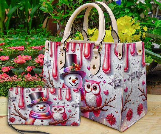 Discover Personalized Pink Christmas Snowman Leather Handbag, Christmas Women Bags, Woman Handbag, Custom Leather Bag, Christmas Gifts