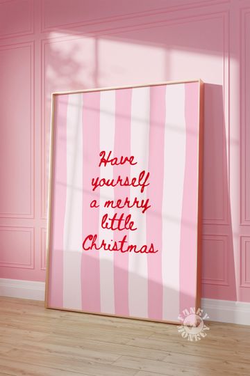 Merry Christmas Pink Red Stripe Holiday Wall Art, Winter Poster, Preppy Christmas Printable Decor