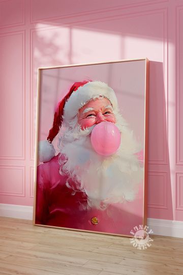 Pink Santa Wall Art, Holiday Winter Print, Preppy Christmas Poster, Digital Download, Girls Room Holiday Decor