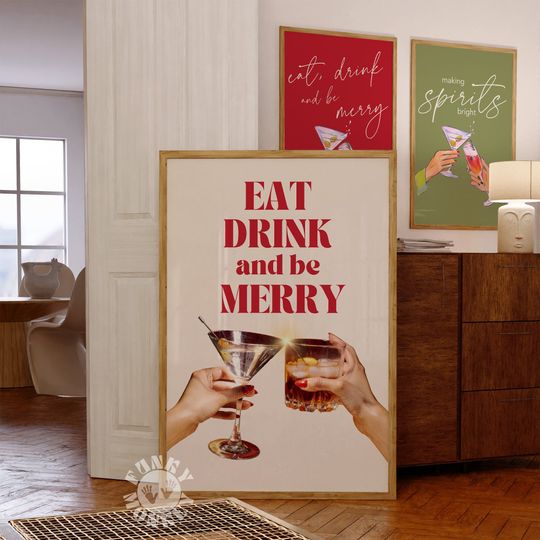 Discover Holiday Bar Cart Print, Trendy Christmas Cocktail Wall Art, Eat Drink and Be Merry Bar Cart Decor, Digital Print, Printable Art
