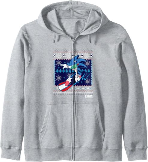 Discover Sonic The Hedgehog Christmas Snowboard Ugly Sweater Zip Hoodie