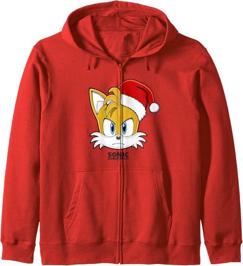 Sonic The Hedgehog Christmas Tails Santa Hat Big Face Zip Hoodie