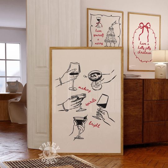 Discover Trendy Christmas Bar Cart Print, Printable Cocktail Wall Art, Winter Holiday Decor, Minimalist Digital Poster