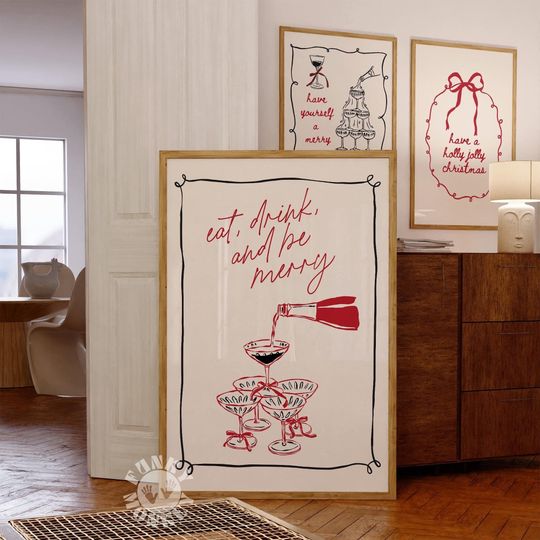 Discover Trendy Bar Cart Christmas Cocktail Wall Art Digital Print Holiday Decor Eat Drink Be Merry Minimalist Poster