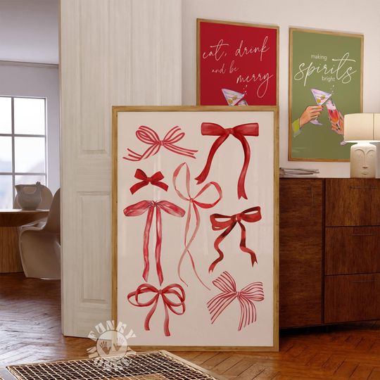 Red Christmas Bows Poster, Girly Holiday Wall Art, Printable Girls Room Decor, Trendy Preppy XMas Digital Print