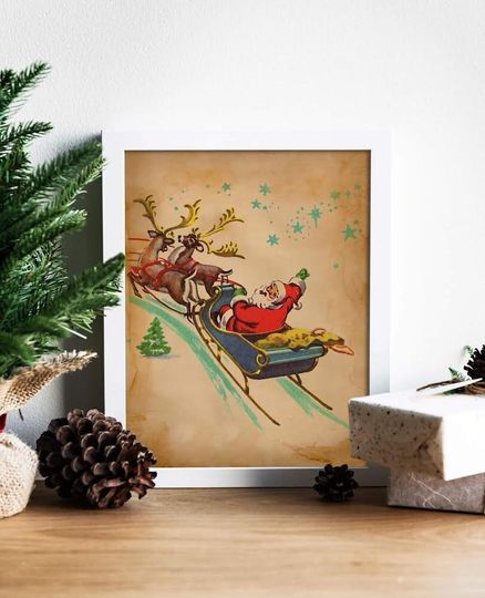 Discover Vintage Christmas Santa and Reindeer Poster, Santa Sleigh Art Print, Christmas Holiday Wall Decor