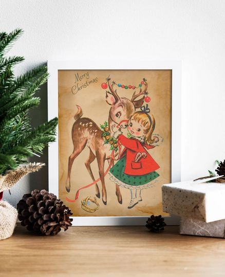 Discover Christmas Vintage Young Girl Hugging a Deer Illustration Art Print, Vintage Christmas, Vintage Christmas Illustration, Christmas Art