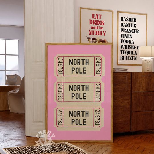 Pink North Pole Ticket Stub Poster, Holiday Digital Print, Girls Room Wall Art, Preppy Christmas Decor