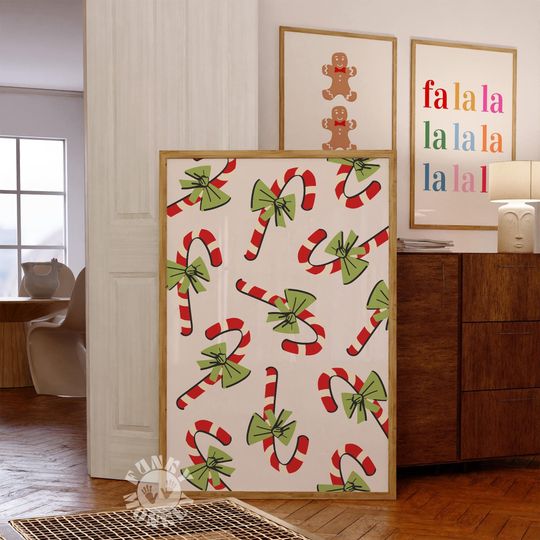 Christmas Candy Cane Wall Art, Green Bow Printable Poster, Girly Holiday Decor, Trendy Preppy Christmas Print