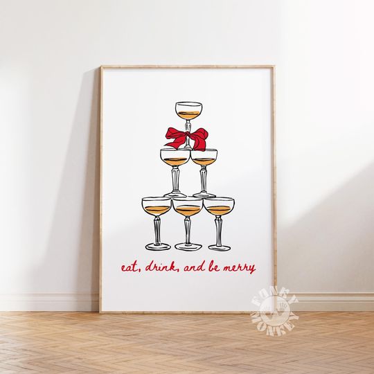 Discover Christmas Holiday Bar Cart Poster, Eat Drink Be Merry Cocktail Wall Art, Coquette Bar Cart Decor, Red Bow Digital Print