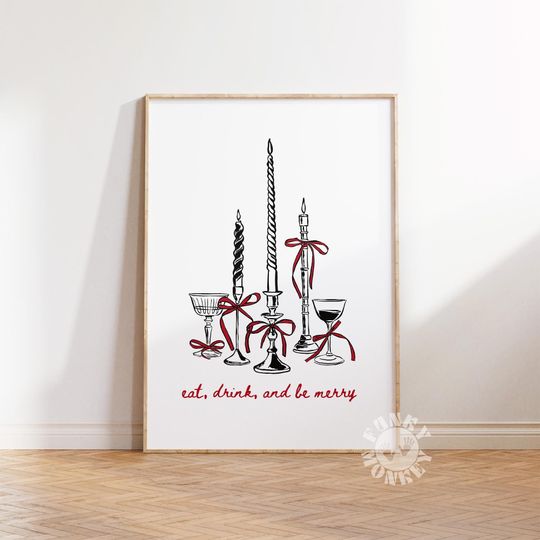 Discover Holiday Bar Cart Printable Poster, Cocktail & Drink Art, Eat Drink Be Merry, Holiday Decor