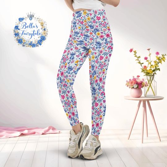 Stitch and Wild Flowers, Disney Women Legging, Active Wear Yoga Pants, Disney Gift, Cruise Outfit, Disney Outfit