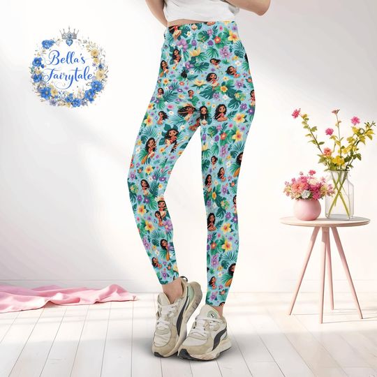 Discover Playful Moana and Flowers, Disney Women Legging, Active Wear Yoga Pants, Disney Gift, Cruise Outfit, Plus Size Women Legging, Disney Outfit