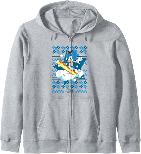 Discover Sonic The Hedgehog Christmas Sonic Snowboard Ugly Sweater Zip Hoodie