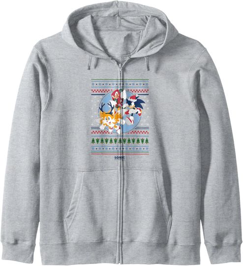 Discover Sonic The Hedgehog Christmas Speedy Ugly Sweater Crew Zip Hoodie