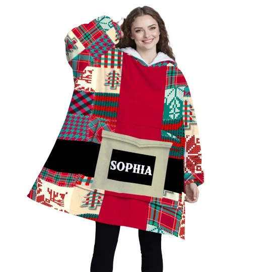 Personalized Santa Coat Christmas Pattern Patchwork Blanket Hoodie