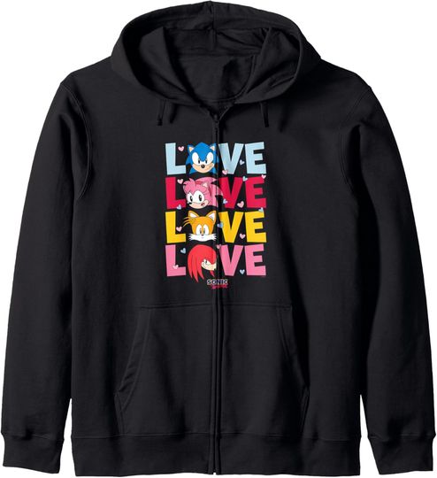 Discover Sonic The Hedgehog Love Cute Characters Stack Chest Logo Zip Hoodie