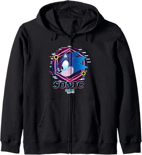 Discover Sonic The Hedgehog Sonic Face Glitch Retro Neon Logo Zip Hoodie