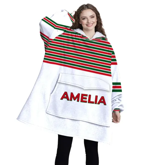 Discover Personalized Blanket Hoodie, Red Green Stripes, Christmas Color Block, Oversized