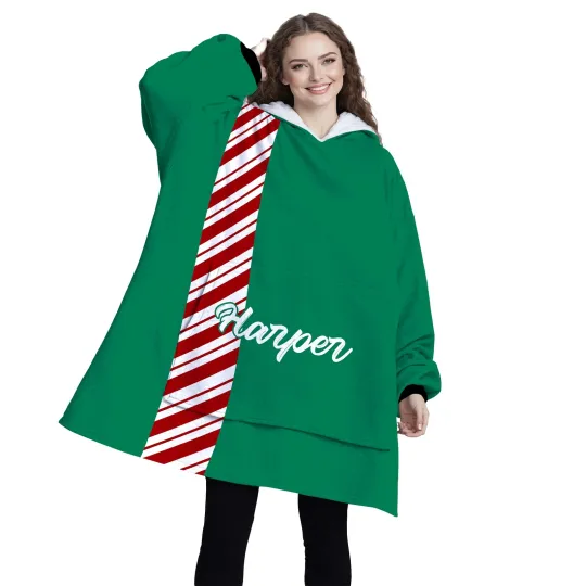 Discover Personalized Blanket Hoodies, Green Christmas Candy Cane Stripe Color Block Over