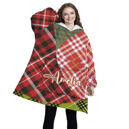 Discover Personalized Blanket Hoodie, Red Green Christmas Plaid, Oversized Color Block