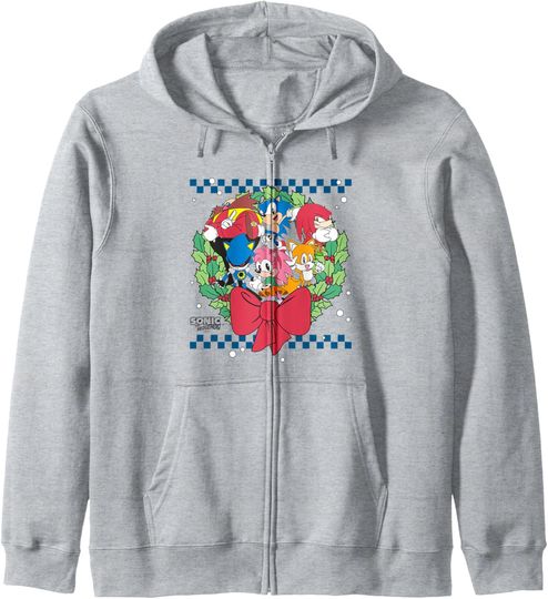 Discover Sonic The Hedgehog Christmas Wreath Group Shot Chest Logo Zip Hoodie