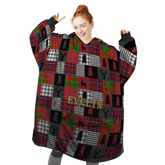 Discover Personalized Blanket Hoodie with Plaid Christmas Deer Patchwork
