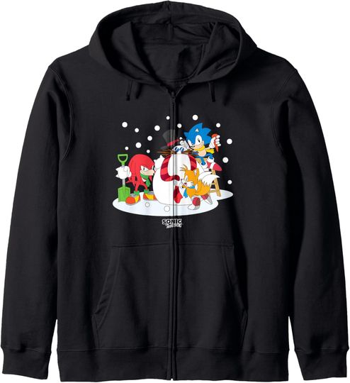 Discover Sonic The Hedgehog Christmas Team Sonic Building Snowman Zip Hoodie