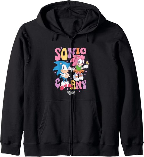Discover Sonic The Hedgehog Sonic & Amy Cute Vintage Shot Zip Hoodie