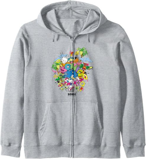 Discover Sonic The Hedgehog Ruining Eggman's Plan Colorful Collage Zip Hoodie