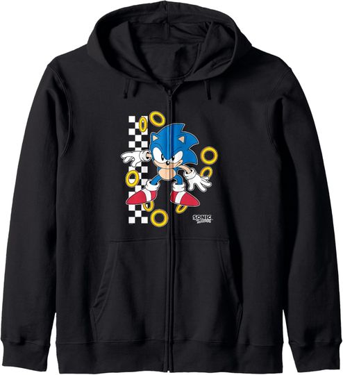 Sonic The Hedgehog Ready For Action Golden Rings Retro Shot Zip Hoodie