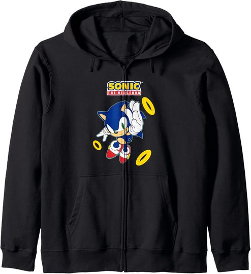 Sonic The Hedgehog In A Hurry Golden Rings Cool Shot Zip Hoodie