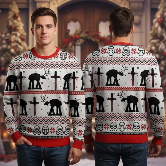 Discover Star Wars Ugly Christmas Sweater, AT-AT Stormtrooper Xmas Sweater, Disney Movie Santa Hat Shirt, hristmas Gifts for Men and Women