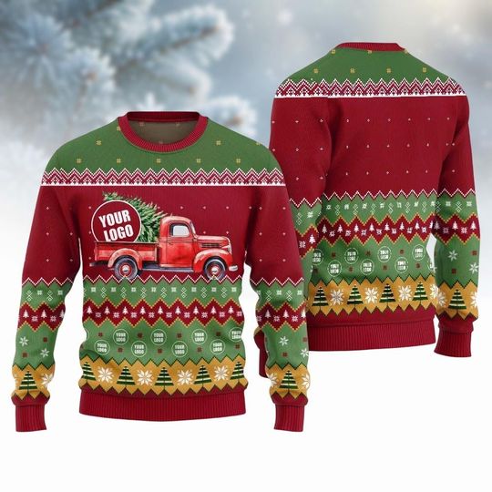 Discover Custom Logo Ugly Christmas Sweater, Red Truck Xmas Ugly Sweater, Personalized Christmas Gifts for Employees, Christmas Gift for Men