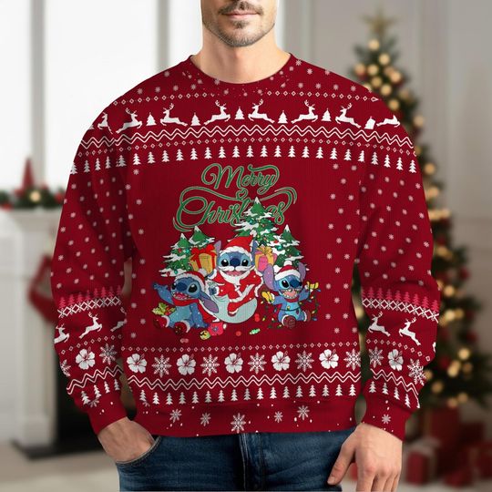 Discover Christmas Stitch Ugly Sweater, Disney Lilo and Stitch Santa Hat Sweater, Disney Cartoon Xmas Shirt, Disney Family Sweatshirt