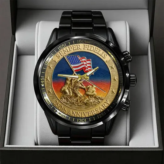 US Marine Corps 250th Anniversary Black Stainless Steel Watch