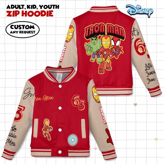 Iron Man Marvel Super Herro Kids and Youth Baseball Jacket, Aldult Unisex Varsity Baseball Jacket