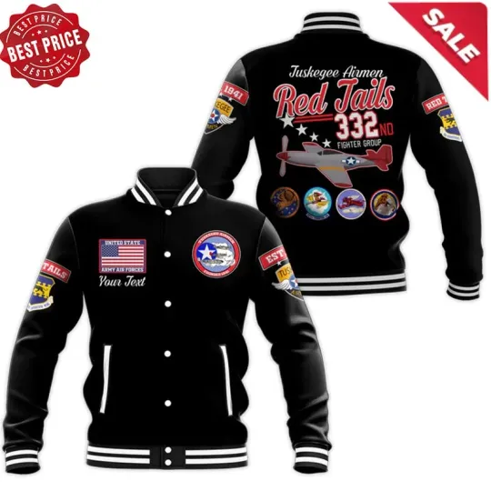 Custom Tuskegee Airmen Red Tails Pride Baseball Jacket Print All Black For Men