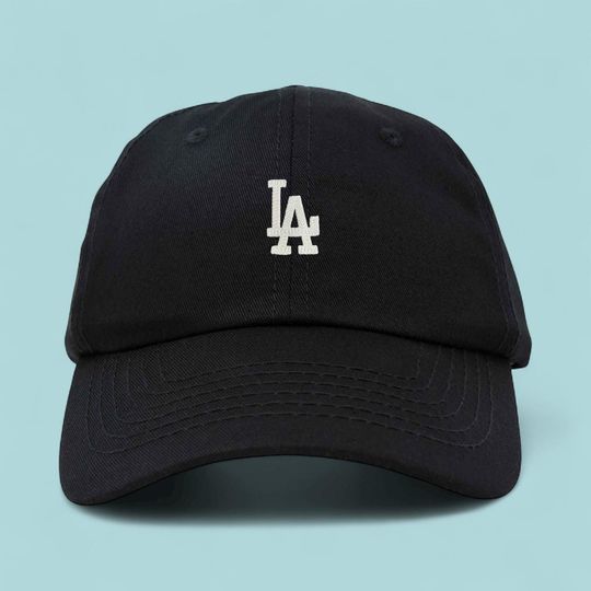 Discover Black Mini Logo LA Los Angeles Dodgers Baseball Cap Dad Hat w/ Textured Embroidery