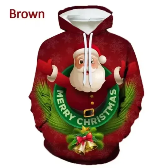 Discover Santa Merry Christmas Hoodie Brown 3D Print Holiday Pullover Gift