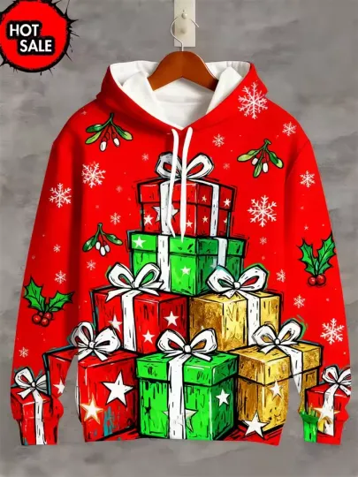 Discover Christmas Gifts Hoodie 3D Print Red Holiday Pullover Ugly Sweater Style