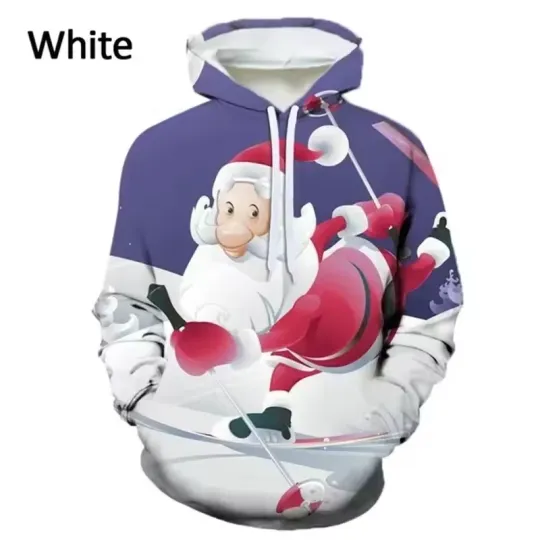 Santa Claus Christmas Hoodie 3D Print Funny Skiing Holiday Pullover Gift