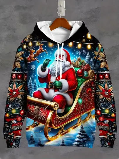 Discover Santa Sleigh Christmas Hoodie 3D Print Holiday Pullover Winter Gift
