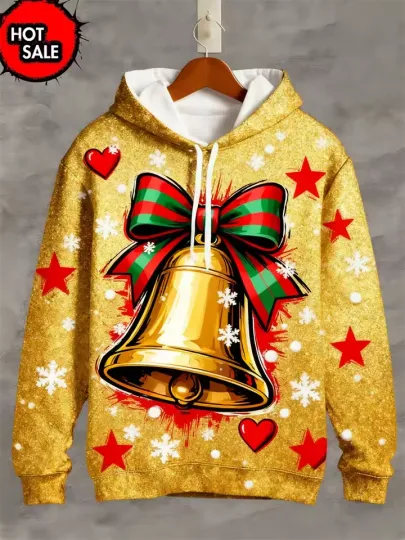 Discover Christmas Bell Hoodie Gold Glitter 3D Print Holiday Pullover Gift