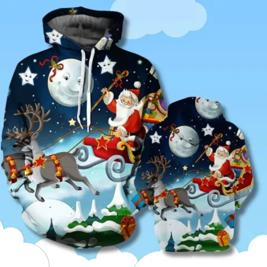 Discover 3D Christmas Hoodie Santa Riding Sleigh Print Holiday Pullover Sweatshirt Warm