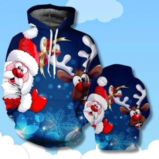 Discover 3D Christmas Hoodie Merry Santa Claus Reindeer Print Holiday Pullover Sweatshirt