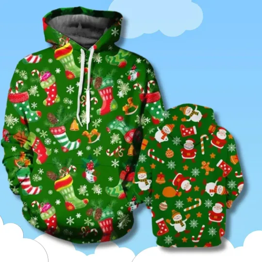 Discover 3D Printed Christmas Hoodie Funny Santa Tree Lights Pattern Holiday Winter Sweat